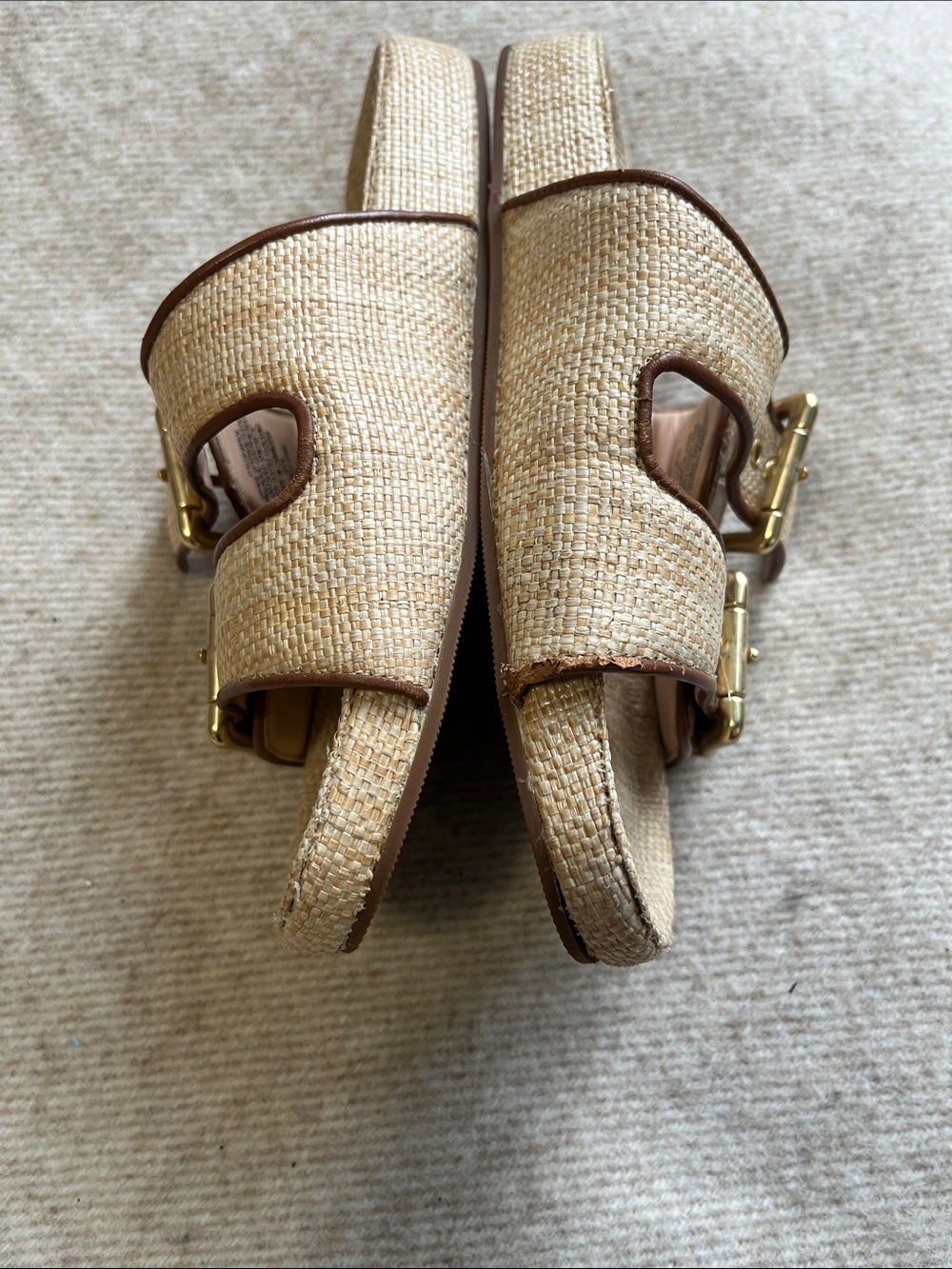 J. Crew Natural Straw Double-Buckle Slide Sandals with Brown Trim - Picture 3 of 5